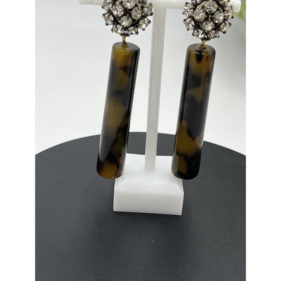 Tortoise Color Acetate Cylinder Earring, Crystal Round Modern Clip On Jewelry - Picture 13 of 13